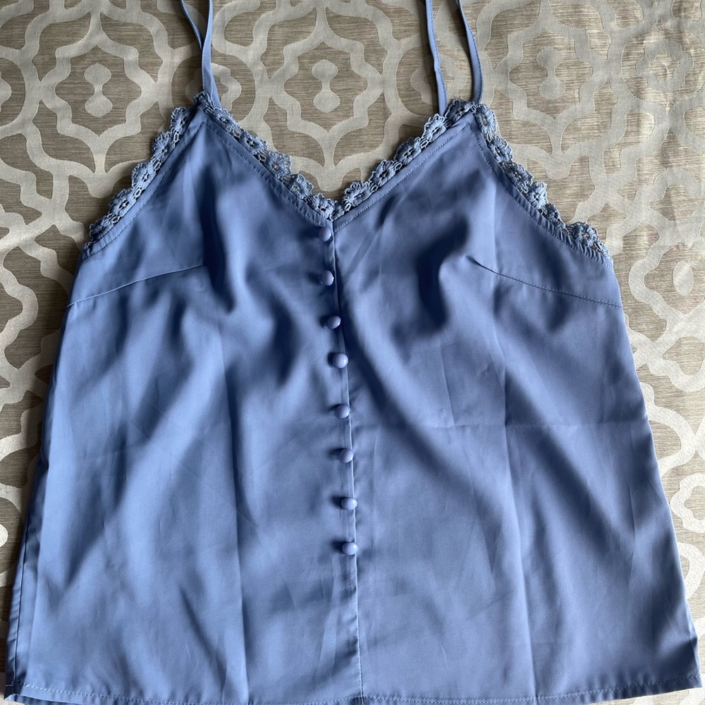 Periwinkle spaghetti strap tank with lace accent